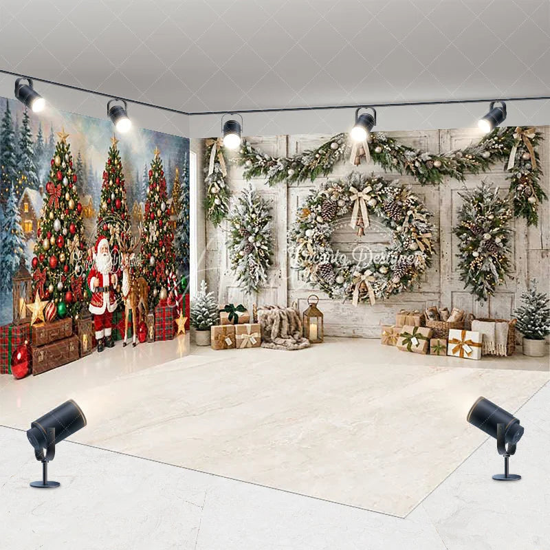 Aperturee - Aperturee Festive Snowy Winter Forest and Rustic Christmas Wreath Room Set Backdrop Santa Claus Holiday Decor