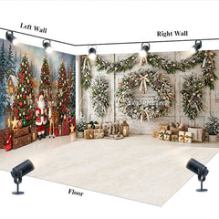 Aperturee - Aperturee Festive Snowy Winter Forest and Rustic Christmas Wreath Room Set Backdrop Santa Claus Holiday Decor