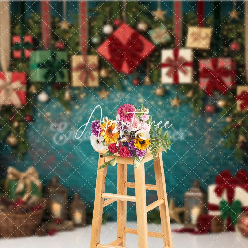Aperturee - Aperturee Festive Teal Christmas Tree and Gift Boxes Holiday Backdrop with Sparkling Lights Elegant Winter Party Decor