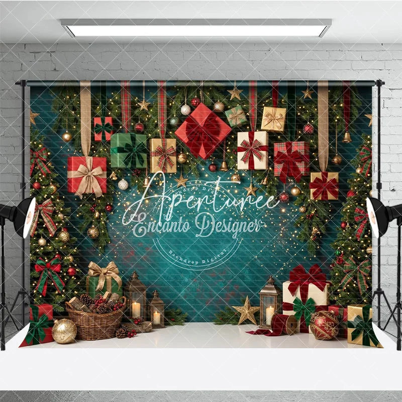 Aperturee - Aperturee Festive Teal Christmas Tree and Gift Boxes Holiday Backdrop with Sparkling Lights Elegant Winter Party Decor