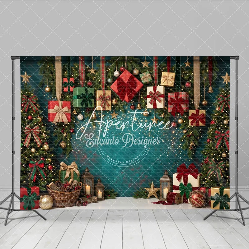Aperturee - Aperturee Festive Teal Christmas Tree and Gift Boxes Holiday Backdrop with Sparkling Lights Elegant Winter Party Decor