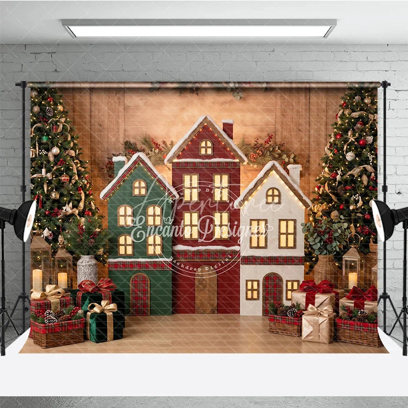 Aperturee - Aperturee Festive Village Houses and Decorated Christmas Trees Holiday Backdrop Cozy Winter Celebration Decor with Gifts