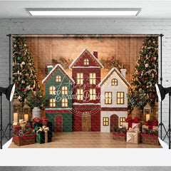 Aperturee - Aperturee Festive Village Houses and Decorated Christmas Trees Holiday Backdrop Cozy Winter Celebration Decor with Gifts