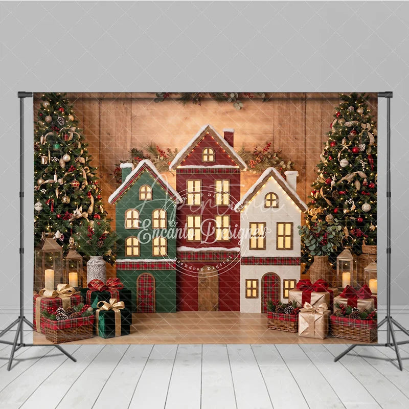 Aperturee - Aperturee Festive Village Houses and Decorated Christmas Trees Holiday Backdrop Cozy Winter Celebration Decor with Gifts