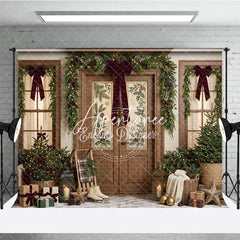 Aperturee - Aperturee Festive Winter Holiday Backdrop Decorated Wooden Door Christmas Garlands with Warm Lights Cozy Porch Decor