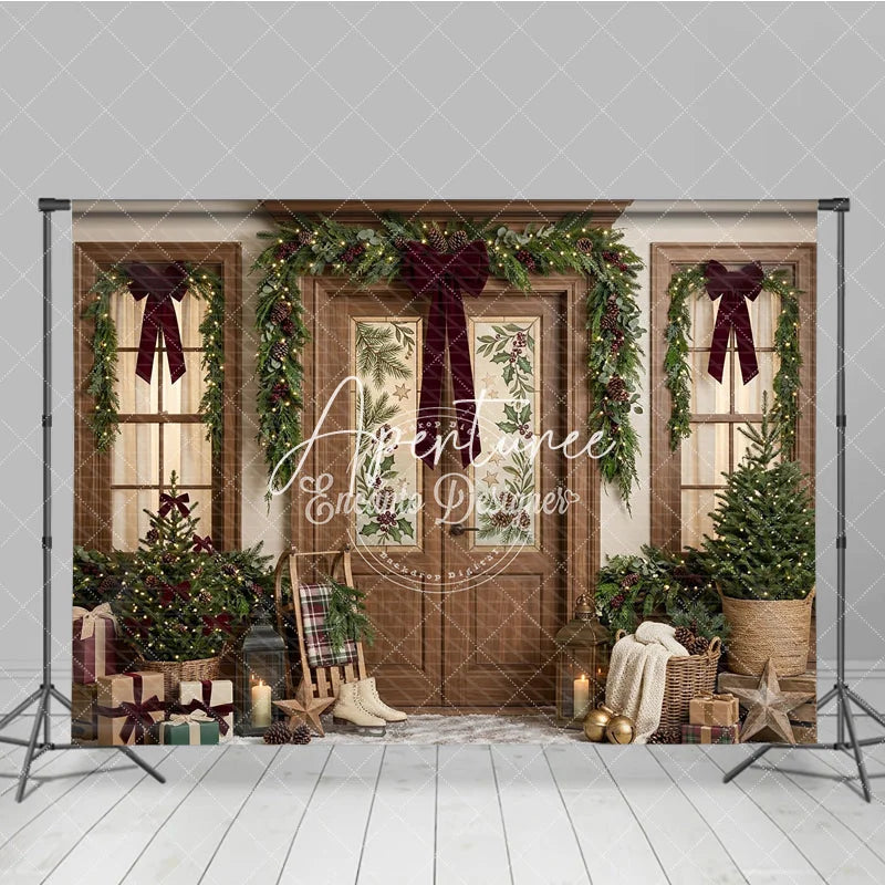 Aperturee - Aperturee Festive Winter Holiday Backdrop Decorated Wooden Door Christmas Garlands with Warm Lights Cozy Porch Decor