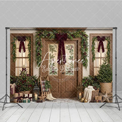 Aperturee - Aperturee Festive Winter Holiday Backdrop Decorated Wooden Door Christmas Garlands with Warm Lights Cozy Porch Decor