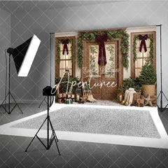 Aperturee - Aperturee Festive Winter Holiday Backdrop Decorated Wooden Door Christmas Garlands with Warm Lights Cozy Porch Decor