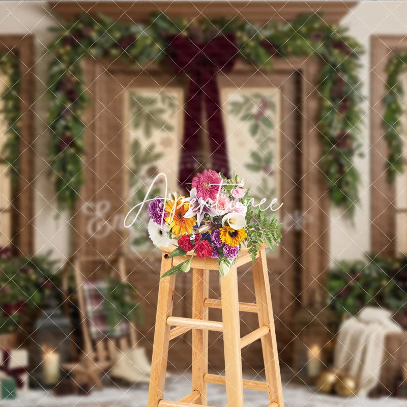 Aperturee - Aperturee Festive Winter Holiday Backdrop Decorated Wooden Door Christmas Garlands with Warm Lights Cozy Porch Decor