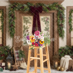 Aperturee - Aperturee Festive Winter Holiday Backdrop Decorated Wooden Door Christmas Garlands with Warm Lights Cozy Porch Decor