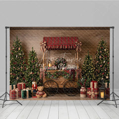 Aperturee - Aperturee Festive Winter Pine and Warm Lights Holiday Backdrop Rustic Wood Red Gold Ornament Decor Happy Holidays Party Banner