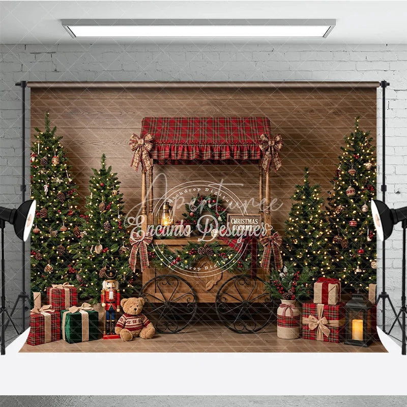 Aperturee - Aperturee Festive Winter Pine and Warm Lights Holiday Backdrop Rustic Wood Red Gold Ornament Decor Happy Holidays Party Banner