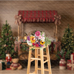 Aperturee - Aperturee Festive Winter Pine and Warm Lights Holiday Backdrop Rustic Wood Red Gold Ornament Decor Happy Holidays Party Banner