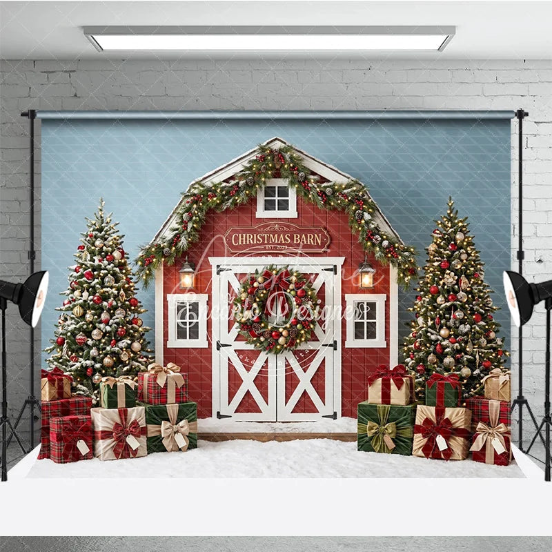 Aperturee - Aperturee Festive Winter Pine Tree and Cozy Fireplace Holiday Backdrop Red and Gold Ornaments Room Decor for Family Portraits