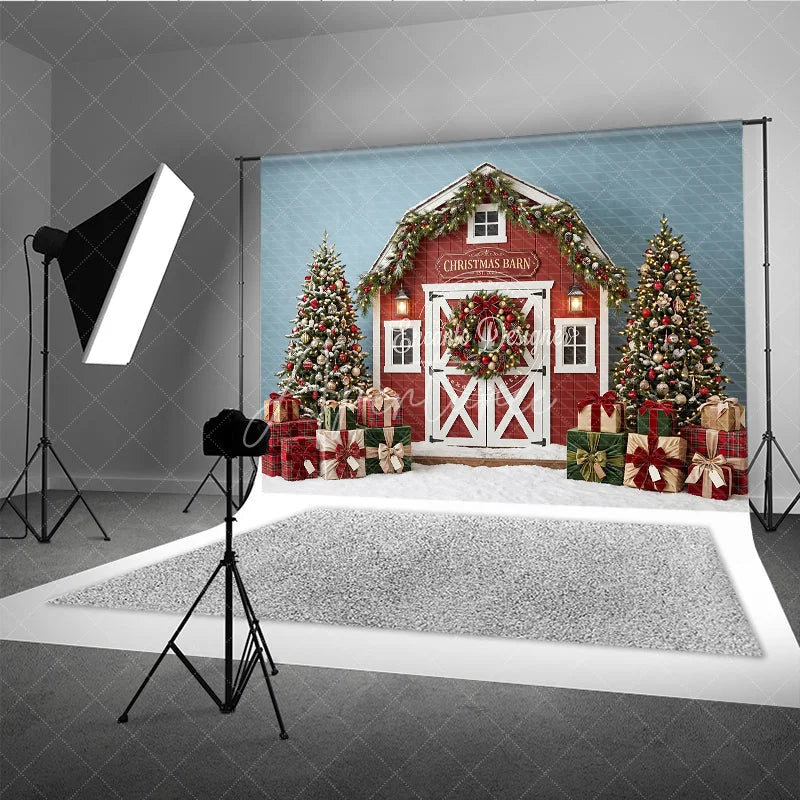 Aperturee - Aperturee Festive Winter Pine Tree and Cozy Fireplace Holiday Backdrop Red and Gold Ornaments Room Decor for Family Portraits