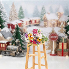 Aperturee - Aperturee Festive Winter Village Holiday Backdrop with Miniature Train Snow Covered Trees and Gift Boxes