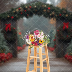 Aperturee - Aperturee Festive Wood Door Pine Trees Path Christmas Backdrop