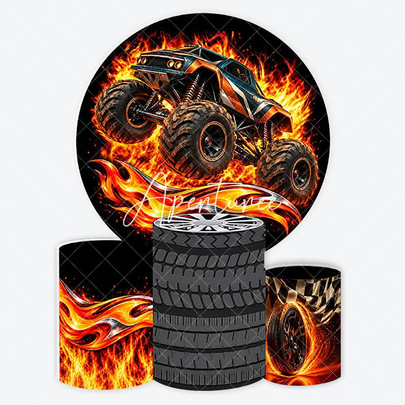 Aperturee - Aperturee Fiery Monster Truck Racing Tire and Checkered Flag Round Backdrop Kit Thrilling Birthday Party Decor