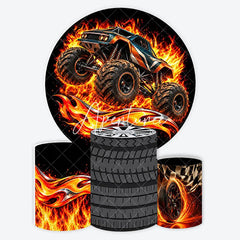 Aperturee - Aperturee Fiery Monster Truck Racing Tire and Checkered Flag Round Backdrop Kit Thrilling Birthday Party Decor