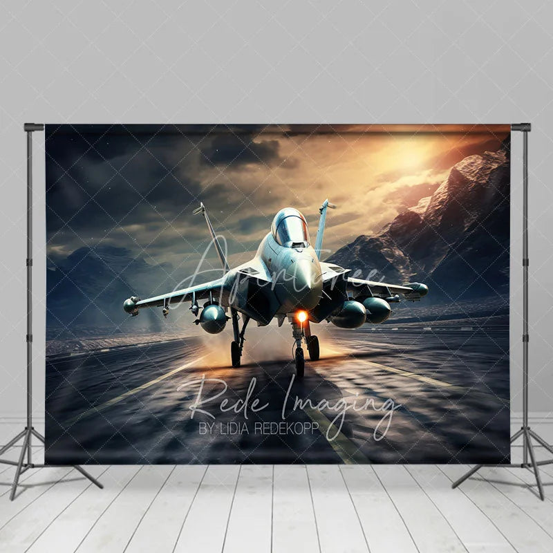Aperturee - Aperturee Fighter Jet on Runway Backdrop Mountain Sunset Aviation Photography Background for Military Party Decor
