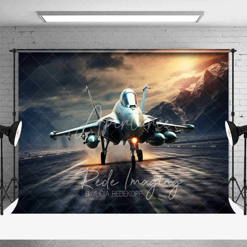 Aperturee - Aperturee Fighter Jet on Runway Backdrop Mountain Sunset Aviation Photography Background for Military Party Decor