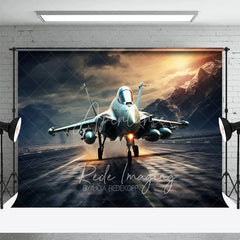Aperturee - Aperturee Fighter Jet on Runway Backdrop Mountain Sunset Aviation Photography Background for Military Party Decor