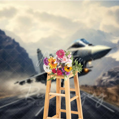 Aperturee - Aperturee Fighter Jet Taking Off over Mountain Road Backdrop Supersonic Aviation Photography Background