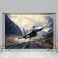 Aperturee - Aperturee Fighter Jet Taking Off over Mountain Road Backdrop Supersonic Aviation Photography Background