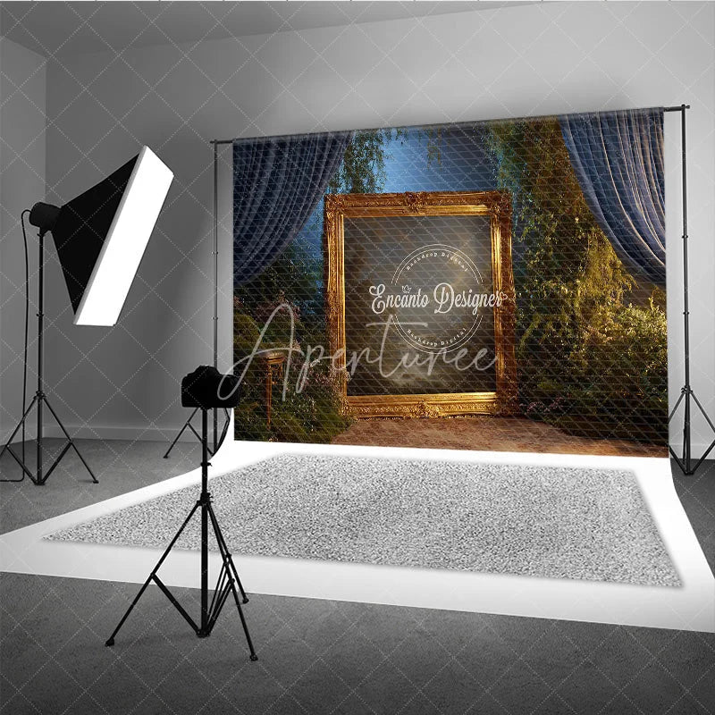 Aperturee - Aperturee Fine Art Backdrop Ornate Gold Frame in Enchanted Forest Magical Dark Curtains Photography Background Prop