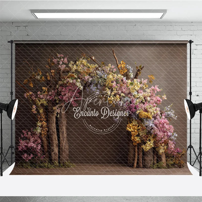 Aperturee - Aperturee Fine Art Floral Arch Photography Backdrop Rustic Wooden Branches with Spring Blossoms Painterly Photo Background