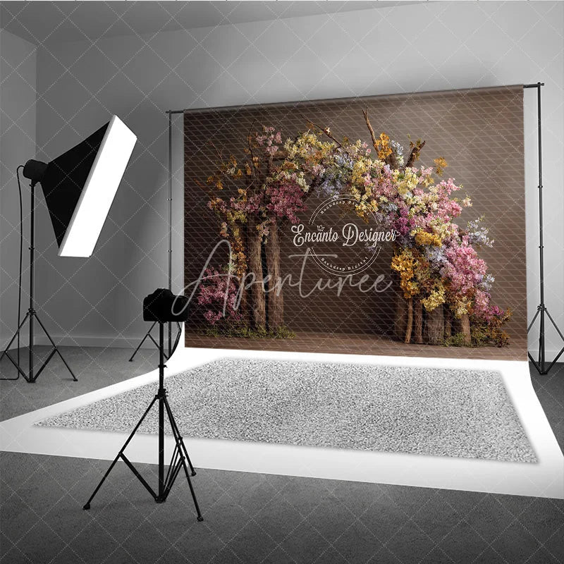 Aperturee - Aperturee Fine Art Floral Arch Photography Backdrop Rustic Wooden Branches with Spring Blossoms Painterly Photo Background