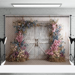 Aperturee - Aperturee Fine Art Floral Barn Door Photography Backdrop Rustic Wood Doors with Spring Flowers Painterly Photo Background