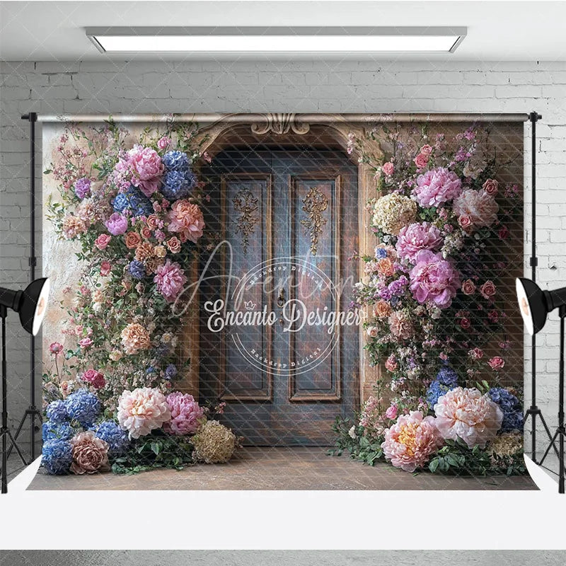 Aperturee - Aperturee Fine Art Floral Door Photography Backdrop Rustic Wood Door with Colorful Flowers Painterly Photo Background