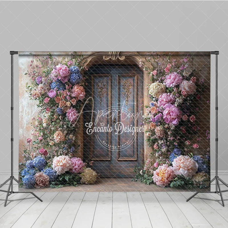 Aperturee - Aperturee Fine Art Floral Door Photography Backdrop Rustic Wood Door with Colorful Flowers Painterly Photo Background