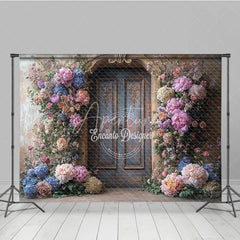 Aperturee - Aperturee Fine Art Floral Door Photography Backdrop Rustic Wood Door with Colorful Flowers Painterly Photo Background