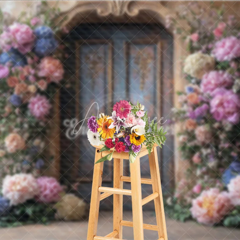 Aperturee - Aperturee Fine Art Floral Door Photography Backdrop Rustic Wood Door with Colorful Flowers Painterly Photo Background