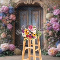 Aperturee - Aperturee Fine Art Floral Door Photography Backdrop Rustic Wood Door with Colorful Flowers Painterly Photo Background