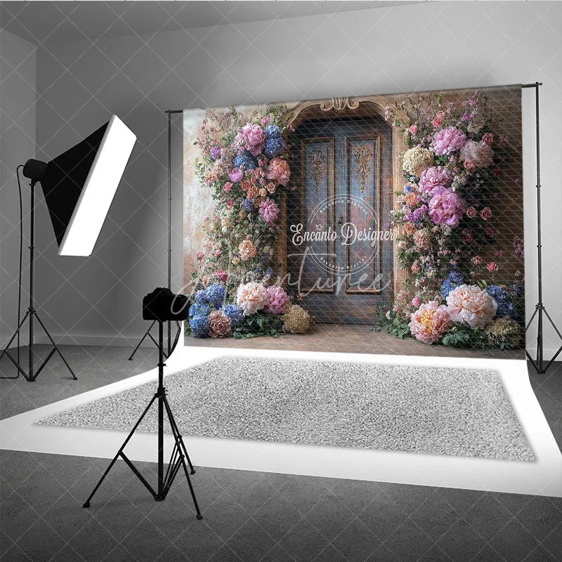 Aperturee - Aperturee Fine Art Floral Door Photography Backdrop Rustic Wood Door with Colorful Flowers Painterly Photo Background