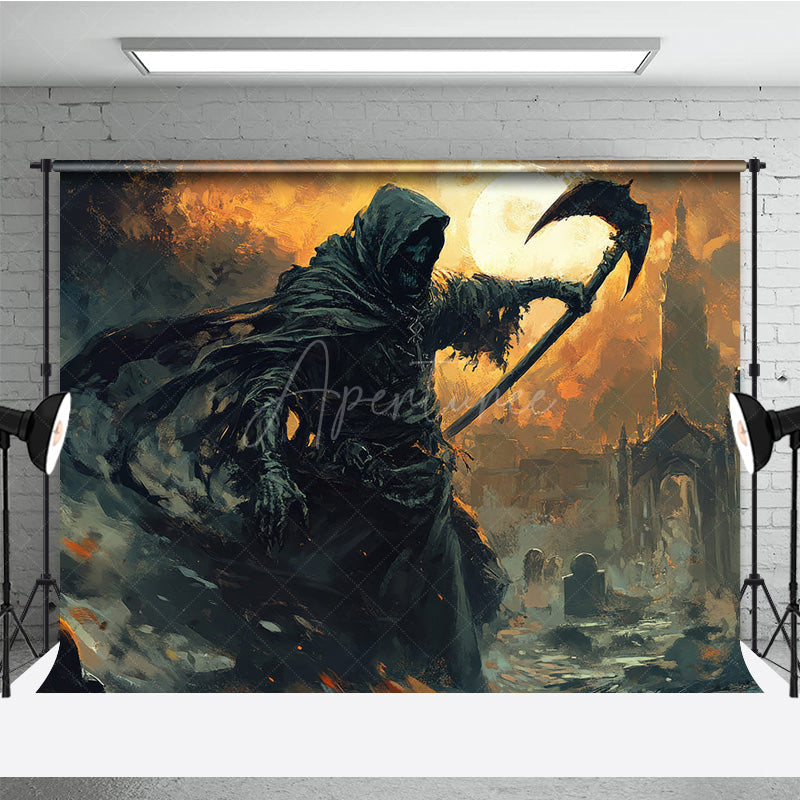 Aperturee - Aperturee Fine Art Grim Reaper Photography Backdrop Fiery Graveyard Scene for Halloween Dark Fantasy Themed Portraits