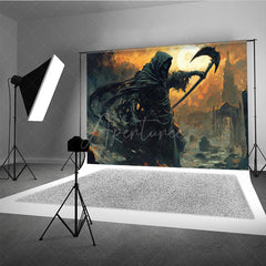 Aperturee - Aperturee Fine Art Grim Reaper Photography Backdrop Fiery Graveyard Scene for Halloween Dark Fantasy Themed Portraits