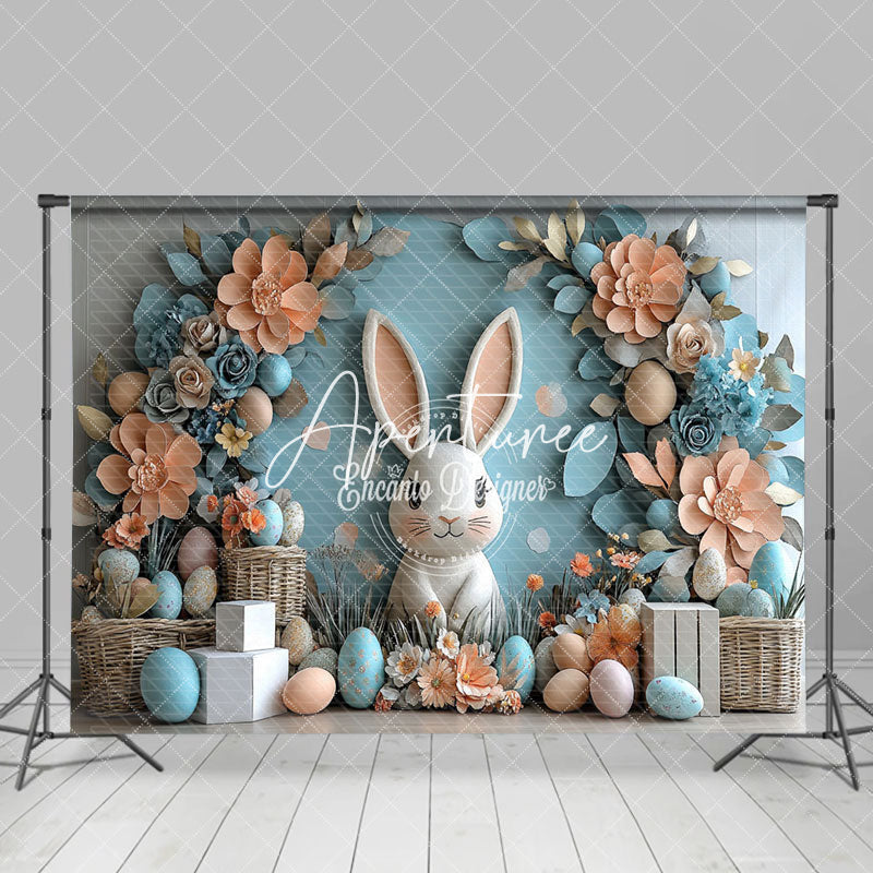Aperturee - Aperturee Fine Art Orange Blue Floral Bunny Easter Backdrop
