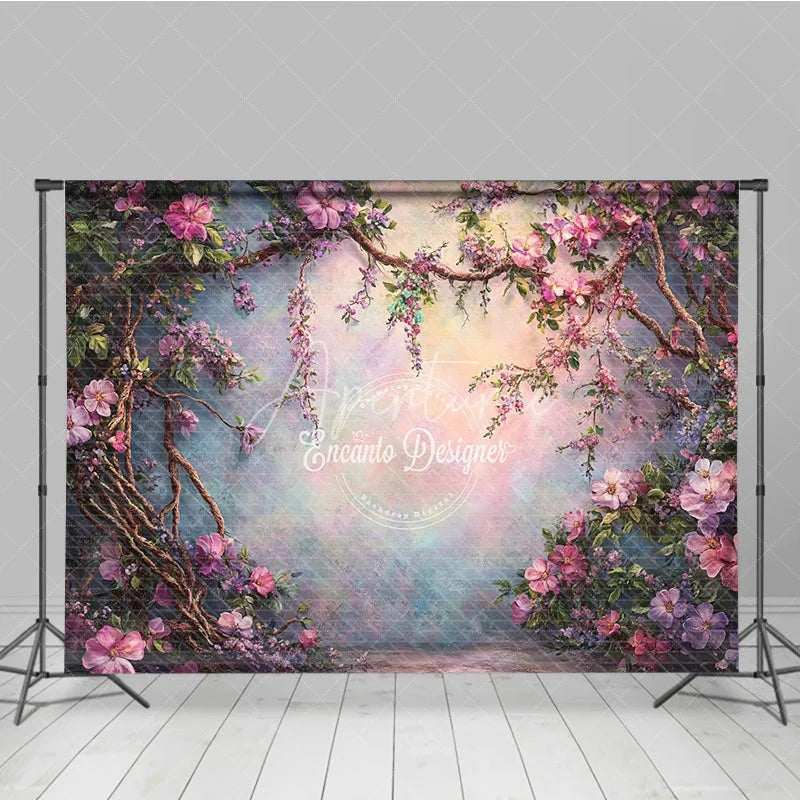 Aperturee - Aperturee Fine Art Photography Backdrop Enchanted Garden with Pink Flowers and Vines Painterly Magical Forest Background