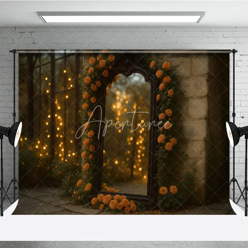 Aperturee - Aperturee Fine Art Photography Backdrop with Ornate Mirror Orange Roses and Bokeh Lights Romantic Moody Wedding Photo Booth