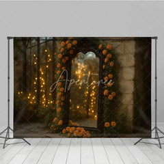 Aperturee - Aperturee Fine Art Photography Backdrop with Ornate Mirror Orange Roses and Bokeh Lights Romantic Moody Wedding Photo Booth