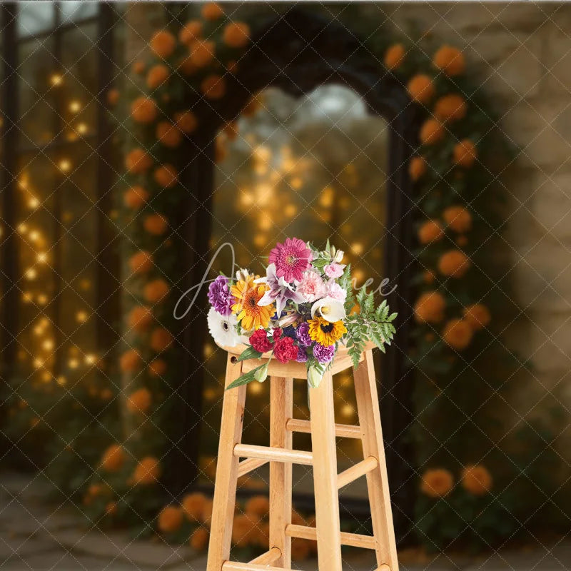 Aperturee - Aperturee Fine Art Photography Backdrop with Ornate Mirror Orange Roses and Bokeh Lights Romantic Moody Wedding Photo Booth