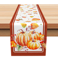 Aperturee - Aperturee Fine Art Pumpkin Table Runner with Sweet Cartoon Leaves for Artistic Fall and Thanksgiving Decor
