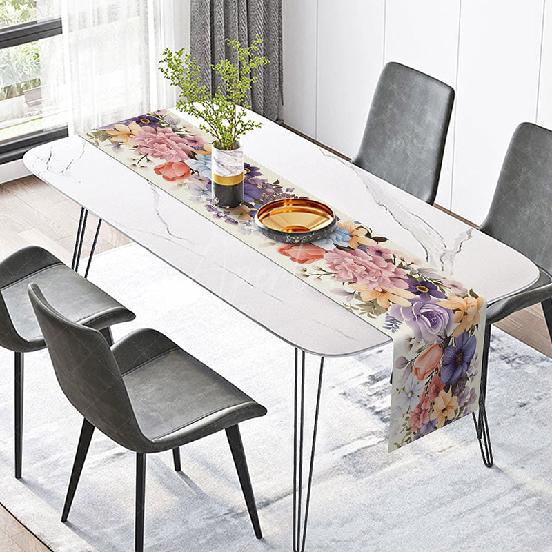 Aperturee - Aperturee Fine Art Spring Flowers Table Runner Oil Painting Style with a Colorful Bouquet Elegant Kitchen Dining Decor