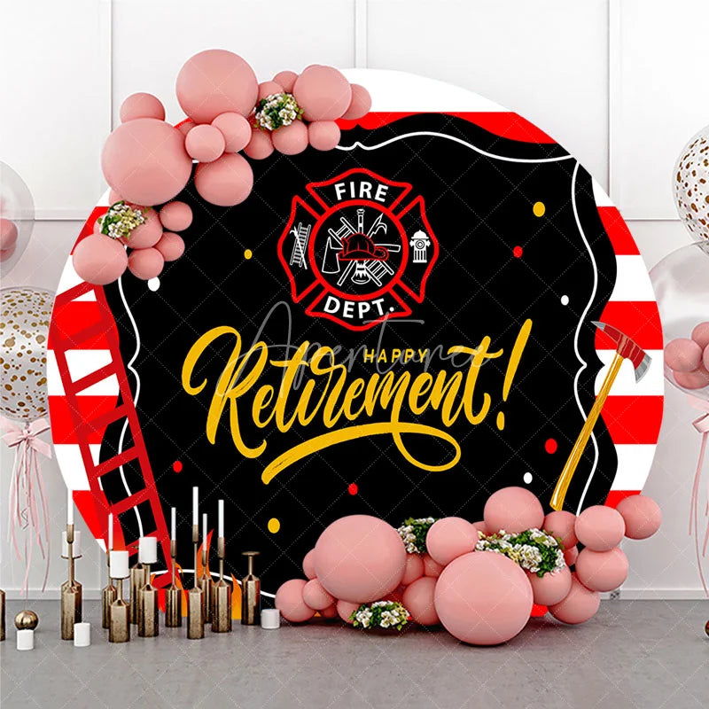 Aperturee - Aperturee Firefighter Retirement Round Backdrop Red and White Stripes Fire Department Emblem