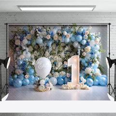 Aperturee - Aperturee First Birthday Cake Smash Backdrop Blue Balloons and White Floral One Year Old Boy Party Banner