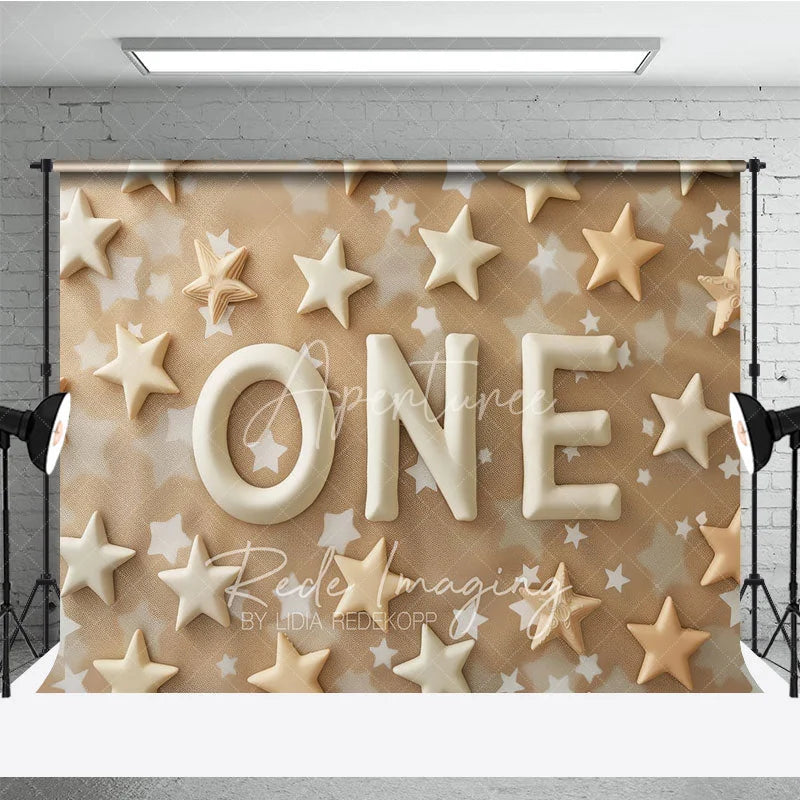 Aperturee - Aperturee First Birthday ONE Photography Backdrop Neutral Tan and Cream Stars Photo Background